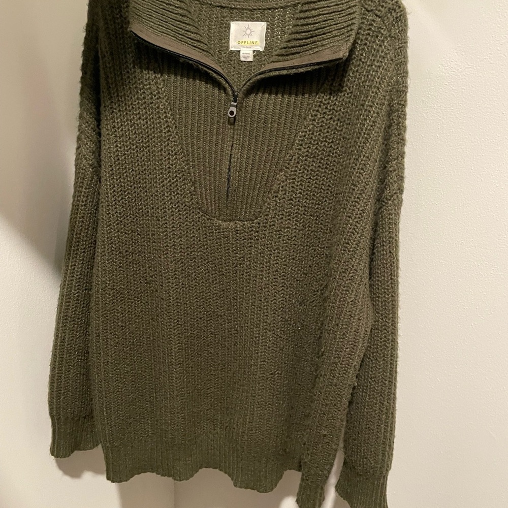 aerie Olive Green Half-Zip Knit Sweater